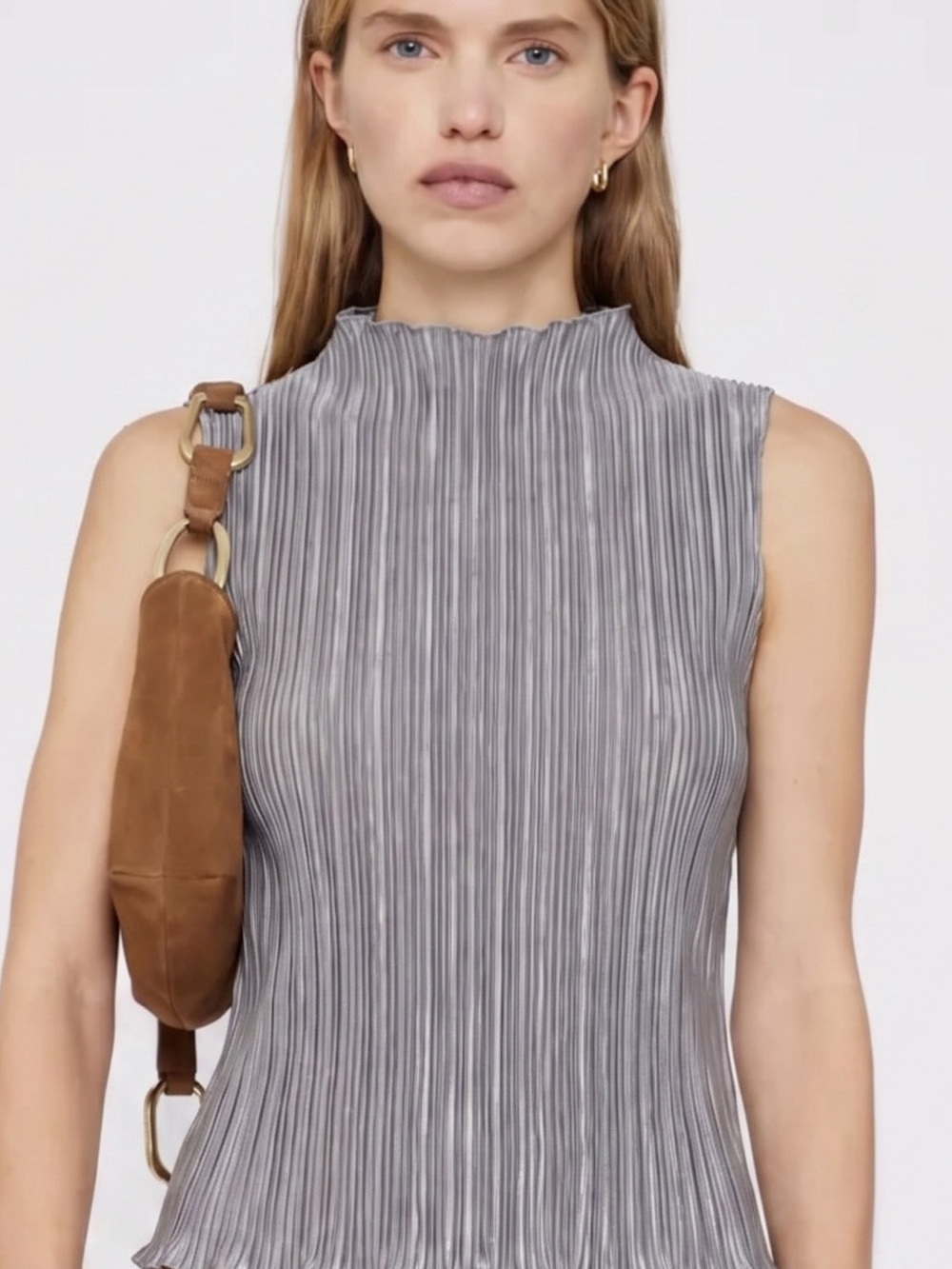 Gray Pleated High Neck Mock Neck Sleeveless Top - Size M